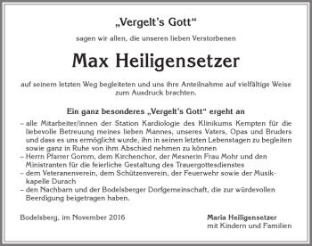 Traueranzeige von Max Heiligensetzer von Allgäuer Zeitung,Kempten