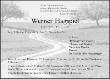 Traueranzeige von Werner Hagspiel von Der Westallgäuer