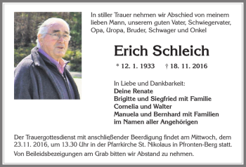 Traueranzeige von Erich Schleich von Allgäuer Zeitung, Füssen