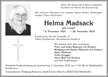 Traueranzeige von Helma Madsack von Allgäuer Zeitung, Kaufbeuren/Buchloe