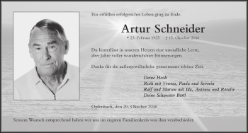 Traueranzeige von Artur Schneider von Der Westallgäuer