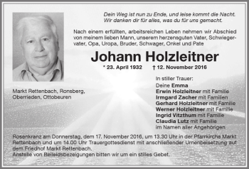 Traueranzeige von Johann Holzleitner von Memminger Zeitung