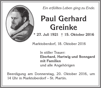 Traueranzeige von Paul Gerhard Greinke von Allgäuer Zeitung, Marktoberdorf