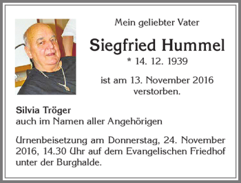 Traueranzeige von Siegfried Hummel von Allgäuer Zeitung,Kempten