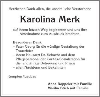 Traueranzeige von Karolina Merk von Allgäuer Zeitung,Kempten