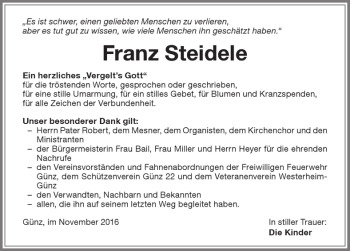 Traueranzeige von Franz Steidele von Memminger Zeitung