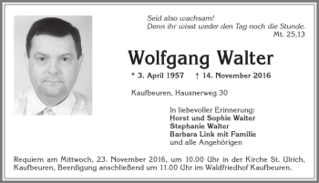 Traueranzeige von Wolfgang Walter von Allgäuer Zeitung, Kaufbeuren/Buchloe