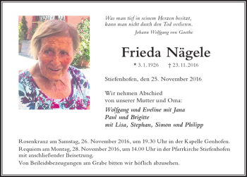 Traueranzeige von Frieda Nägele von Der Westallgäuer