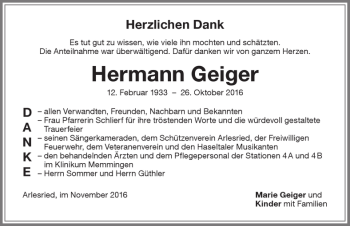Traueranzeige von Hermann Geiger von Memminger Zeitung