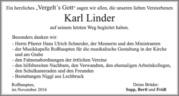 Traueranzeige von Karl Linder von Allgäuer Zeitung, Füssen