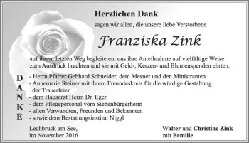 Traueranzeige von Franziska Zink von Allgäuer Zeitung, Füssen