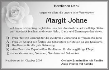 Traueranzeige von Margit Johne von Allgäuer Zeitung, Kaufbeuren/Buchloe