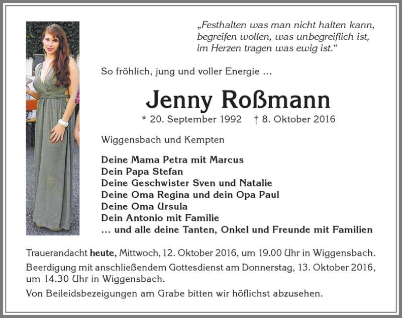  Traueranzeige für Jenny Roßmann vom 12.10.2016 aus Allgäuer Zeitung,Kempten