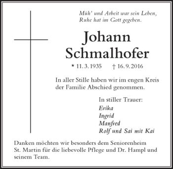 Traueranzeige von Johann Schmalhofer von Der Westallgäuer