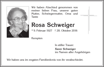 Traueranzeige von Rosa Schweiger von Allgäuer Zeitung,Kempten
