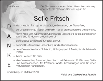 Traueranzeige von Sofie Fritsch von Der Westallgäuer
