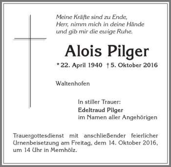 Traueranzeige von Alois Pilger von Allgäuer Zeitung,Kempten