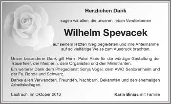 Traueranzeige von Wilhelm Spevacek von Memminger Zeitung