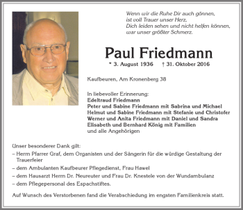 Traueranzeige von Paul Friedmann von Allgäuer Zeitung, Kaufbeuren/Buchloe