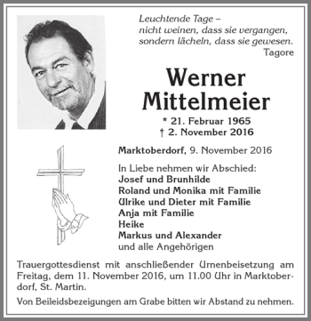 Traueranzeige von Werner Mittelmeier von Allgäuer Zeitung, Marktoberdorf