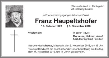 Traueranzeige von Franz Haupeltshofer von Memminger Zeitung