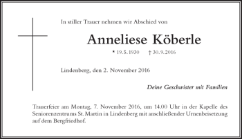 Traueranzeige von Anneliese Köberle von Der Westallgäuer