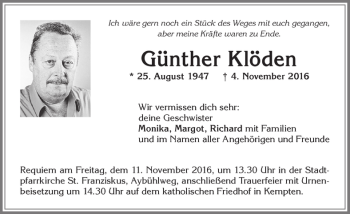 Traueranzeige von Günther Klöden von Allgäuer Zeitung,Kempten
