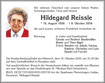 Traueranzeige von Hildegard Reissle von Allgäuer Zeitung,Kempten