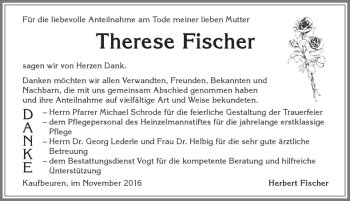 Traueranzeige von Therese Fischer von Allgäuer Zeitung, Kaufbeuren/Buchloe