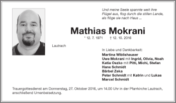 Traueranzeige von Mathias Mokrani von Memminger Zeitung