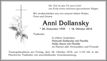 Traueranzeige von Anni Dollansky von Allgäuer Zeitung, Marktoberdorf