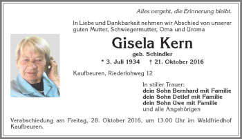 Traueranzeige von Gisela Kern von Allgäuer Zeitung, Kaufbeuren/Buchloe