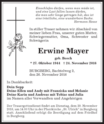 Traueranzeige von Erwine Mayer von Allgäuer Anzeigeblatt