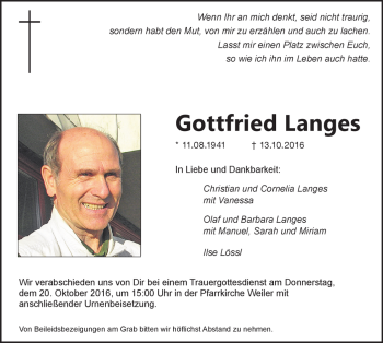 Traueranzeige von Gottfried Langes von Der Westallgäuer