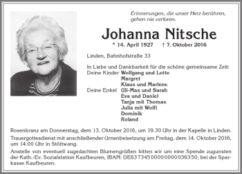 Traueranzeige von Johanna Nitsche von Allgäuer Zeitung, Kaufbeuren/Buchloe