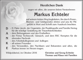Traueranzeige von Markus Echteler von Allgäuer Zeitung,Kempten