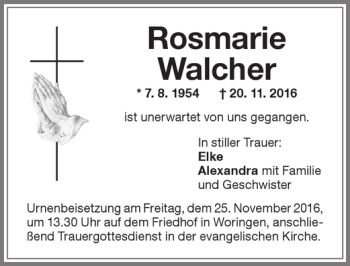 Traueranzeige von Rosmarie Walcher von Memminger Zeitung
