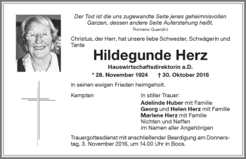 Traueranzeige von Hildegunde Herz von Allgäuer Zeitung