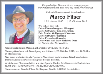 Traueranzeige von Marco Filser von Allgäuer Zeitung