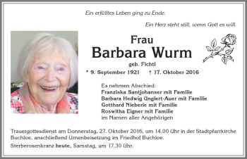 Traueranzeige von Barbara Wurm von Allgäuer Zeitung, Kaufbeuren/Buchloe