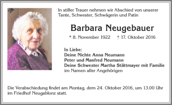 Traueranzeige von Barbara Neugebauer von Allgäuer Zeitung