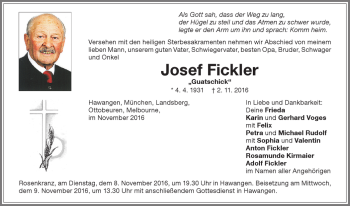 Traueranzeige von Josef Fickler von Memminger Zeitung