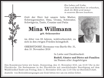 Traueranzeige von Mina Willmann von Allgäuer Anzeigeblatt