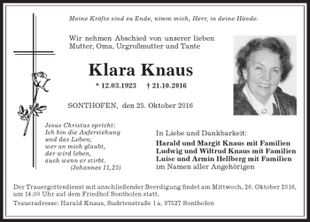 Traueranzeige von Klara Knaus von Allgäuer Anzeigeblatt
