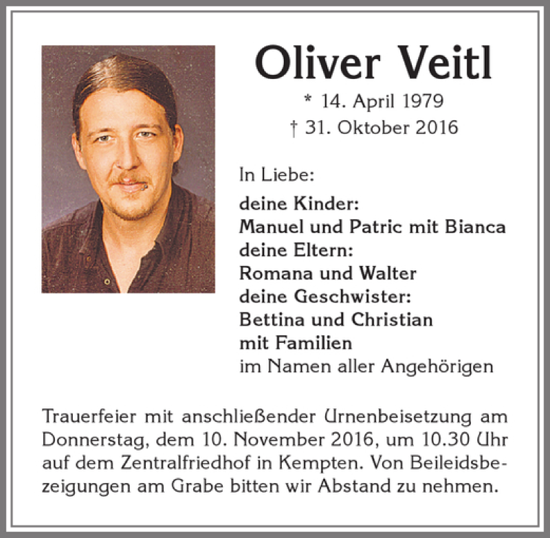  Traueranzeige für Oliver Veitl vom 07.11.2016 aus Allgäuer Zeitung,Kempten