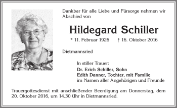 Traueranzeige von Hildegard Schiller von Allgäuer Zeitung,Kempten