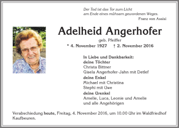 Traueranzeige von Adelheid Angerhofer von Allgäuer Zeitung, Kaufbeuren/Buchloe