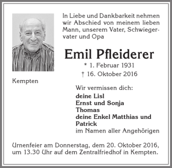 Traueranzeige von Emil Pfleiderer von Allgäuer Zeitung,Kempten