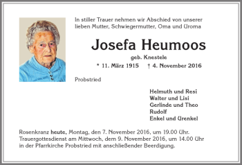 Traueranzeige von Josefa Heumoos von Allgäuer Zeitung,Kempten
