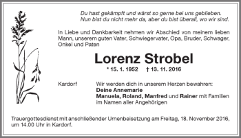Traueranzeige von Lorenz Strobel von Memminger Zeitung